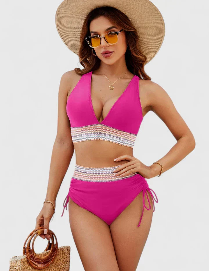 Triangle Top Ruched Chevron Trim High Waist Bikini Set