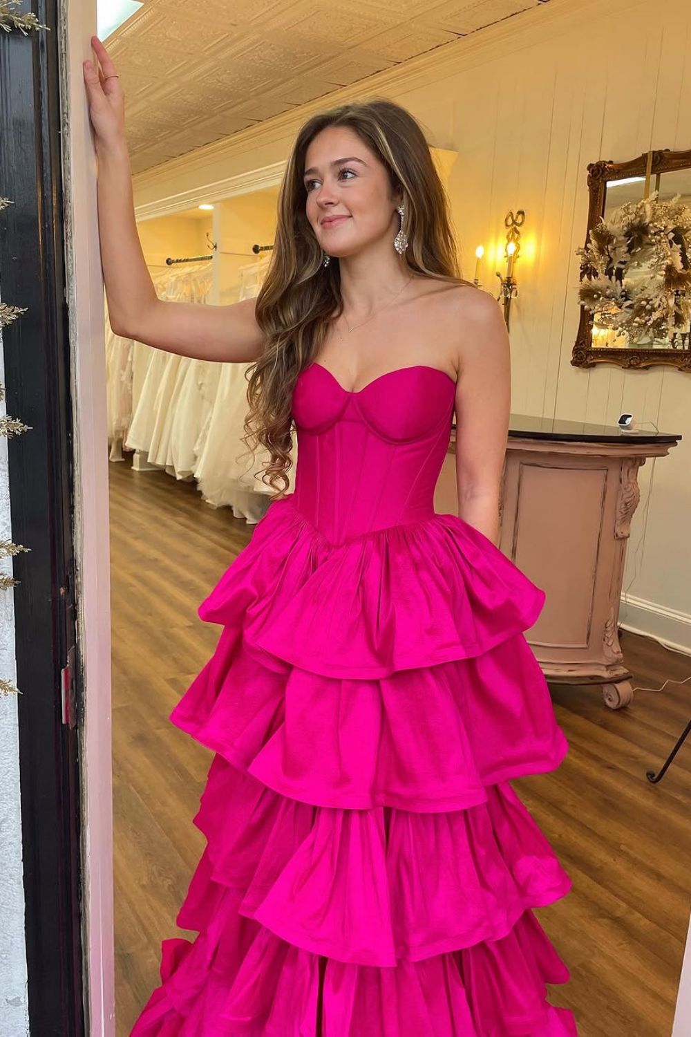 Hot Pink A-Line Sweetheart Long Tiered Satin Prom Dress