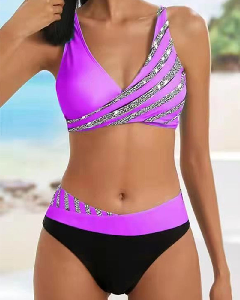 Surplice V-Neck Rhinestone Trim Two Piece Bikini Swimsuit