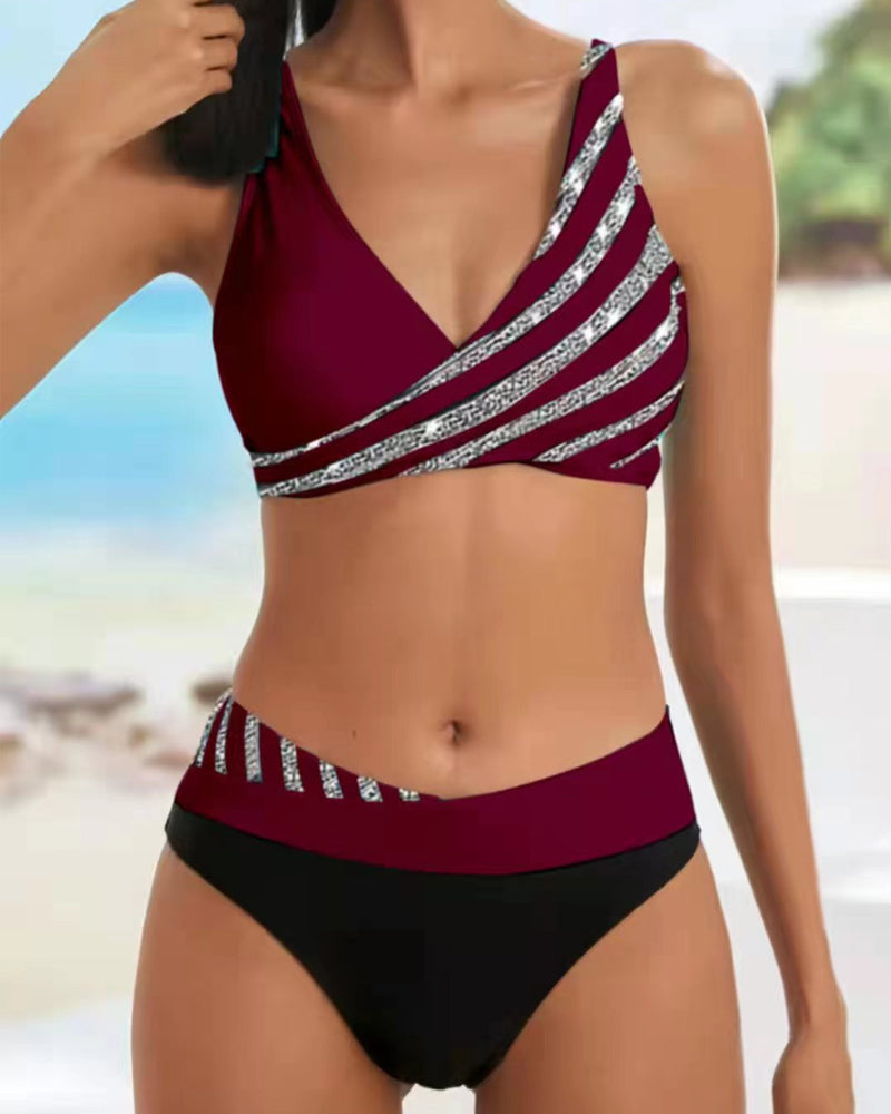 Surplice V-Neck Rhinestone Trim Two Piece Bikini Swimsuit