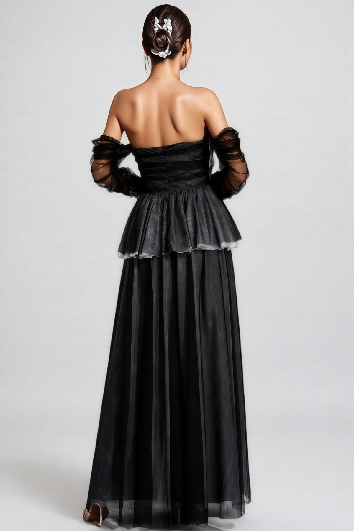 Strapless Tulle Beaded Bodice Peplum Waist A-Line Maxi Gown 3