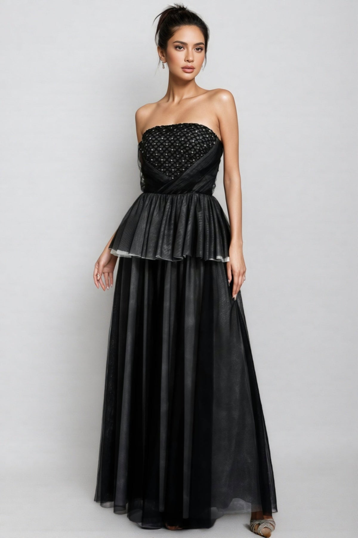 Strapless Tulle Beaded Bodice Peplum Waist A-Line Maxi Gown