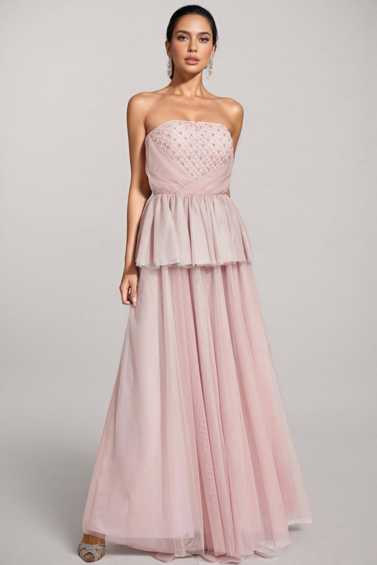 Strapless Beaded Bodice Peplum Tiered Tulle Maxi Dress
