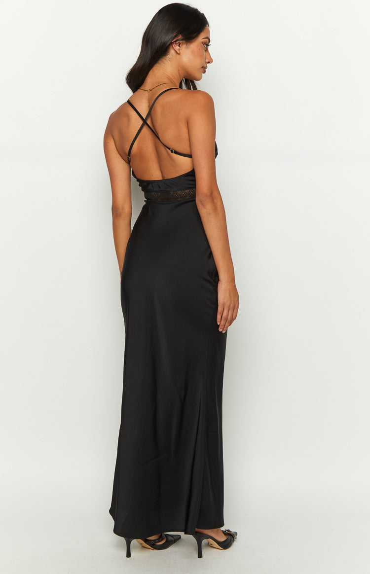 Satin V-Neck Lace Trim Cross Back Fitted Mermaid Maxi Dress 6