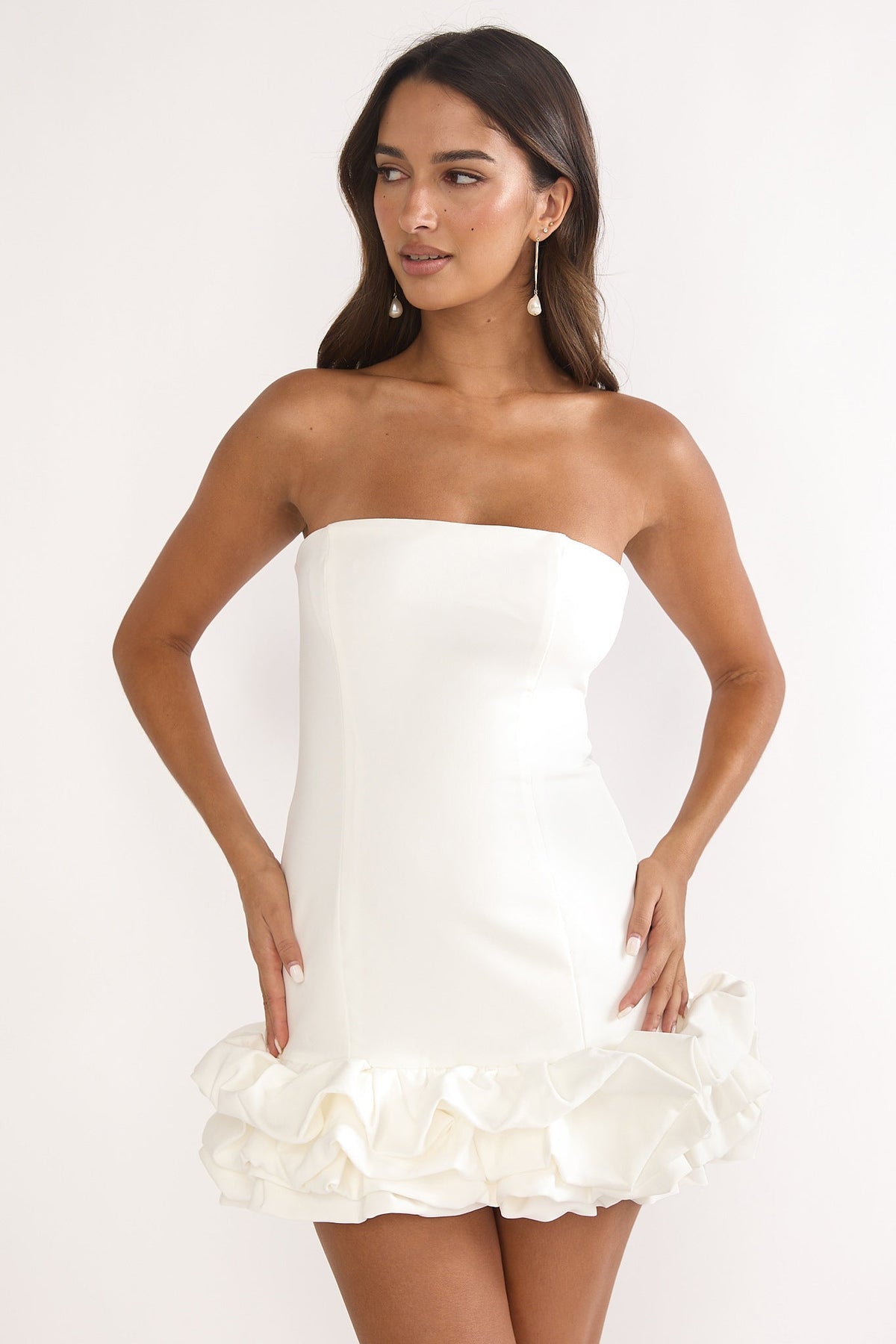 Satin Strapless Ruffle Hem Bodycon Mini Dress