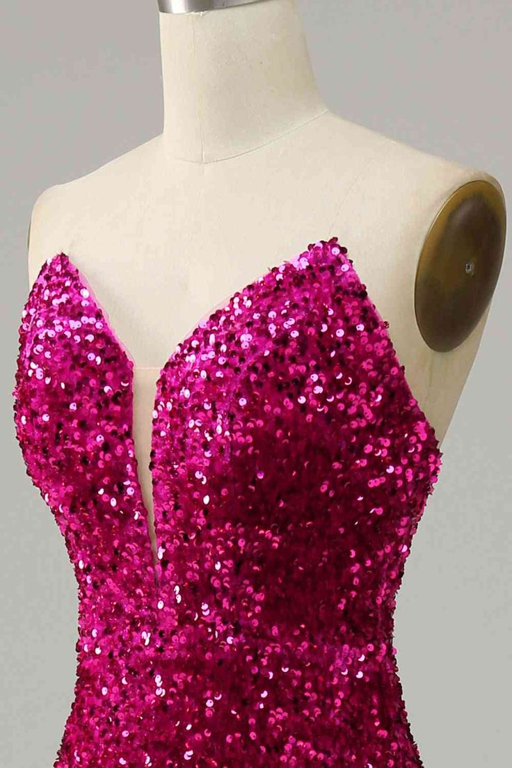 Fuchsia Strapless Sequins Long Prom Dress with Slit cc1004