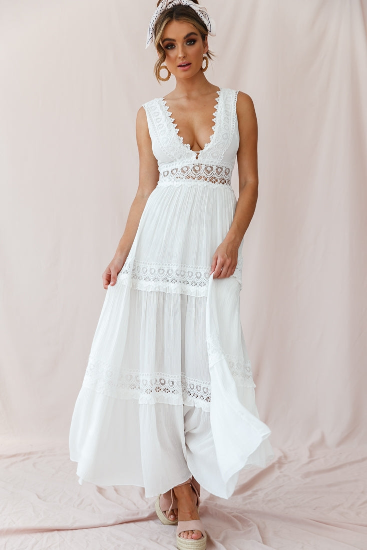 Lace Trim Deep V-Neck Tiered A-Line Maxi Dress 7
