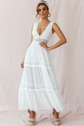 Lace Trim Deep V-Neck Tiered A-Line Maxi Dress 6