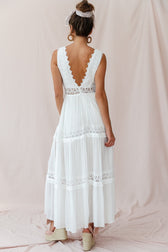 Lace Trim Deep V-Neck Tiered A-Line Maxi Dress 5