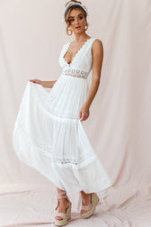 Lace Trim Deep V-Neck Tiered A-Line Maxi Dress 3