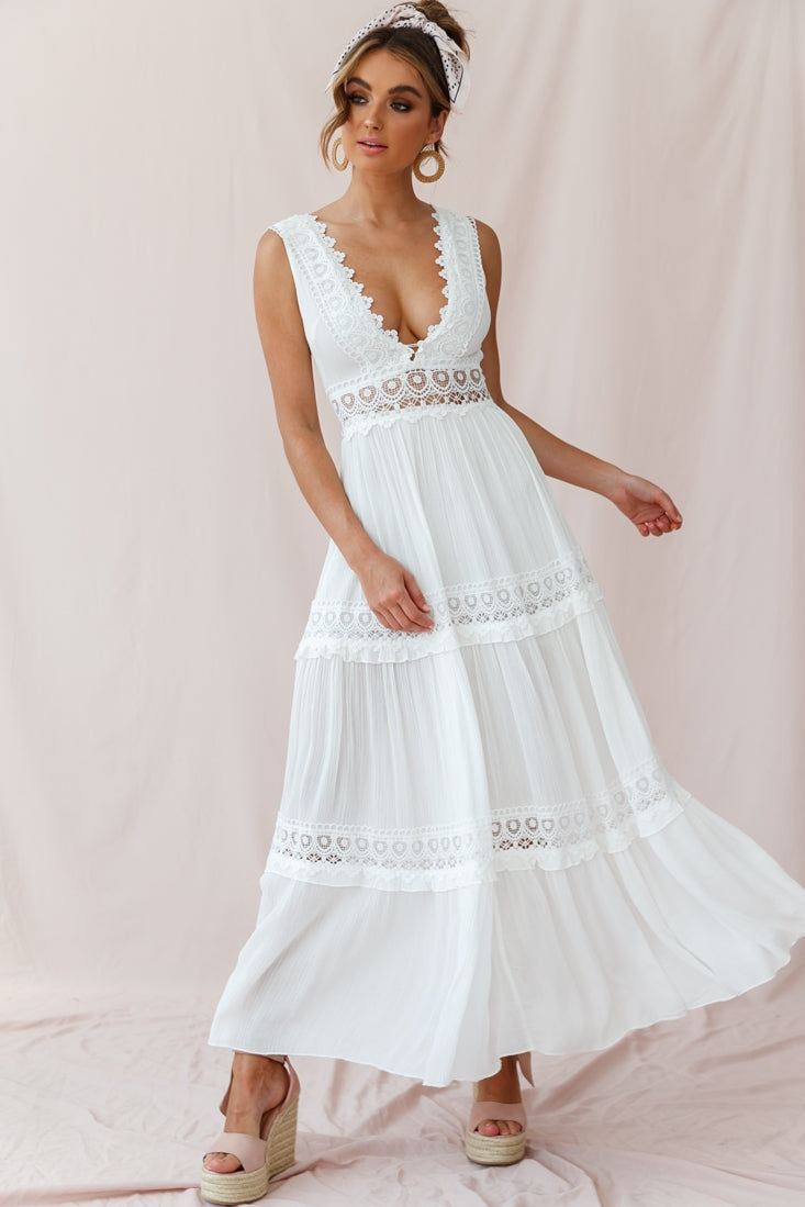 Lace Trim Deep V-Neck Tiered A-Line Maxi Dress