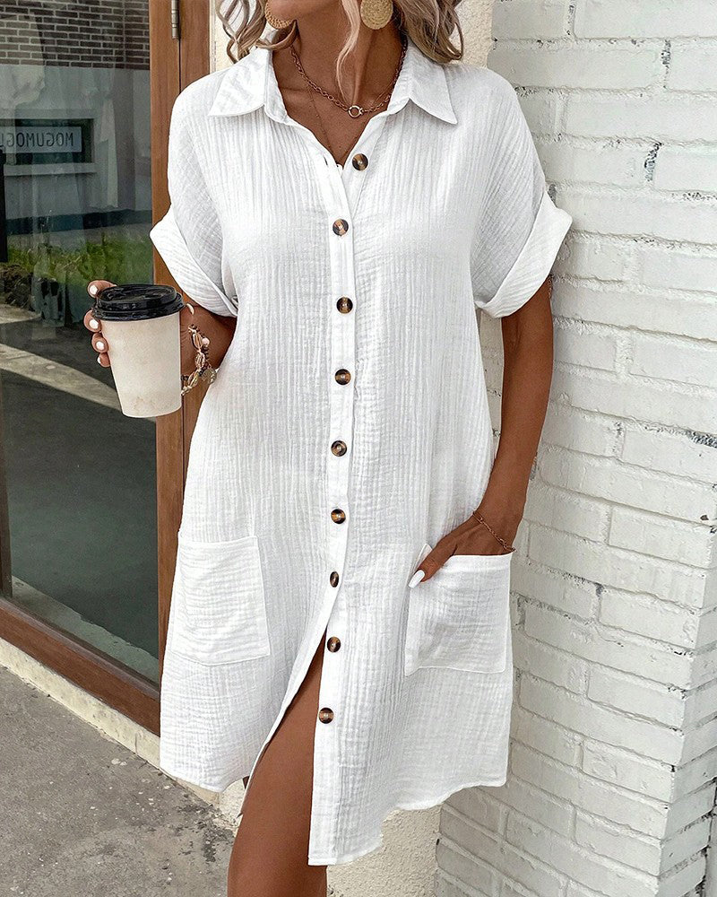 Textured Gauze Button Front Short Sleeve Shirt Dress