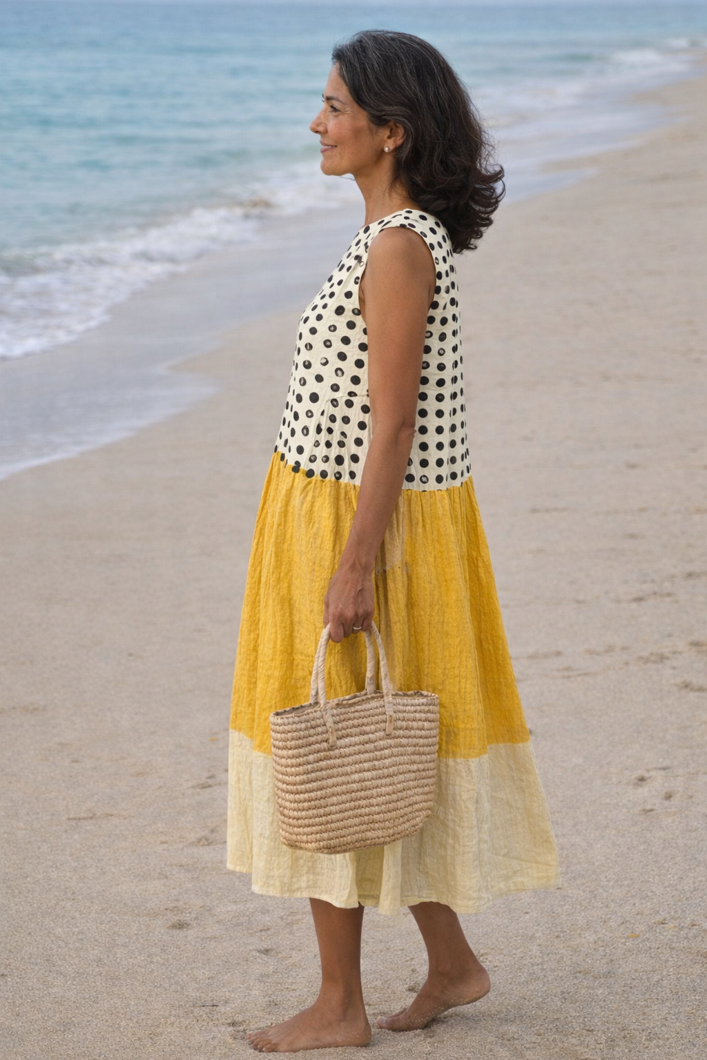 Polka Dot Color Block Sleeveless Tiered Midi Dress