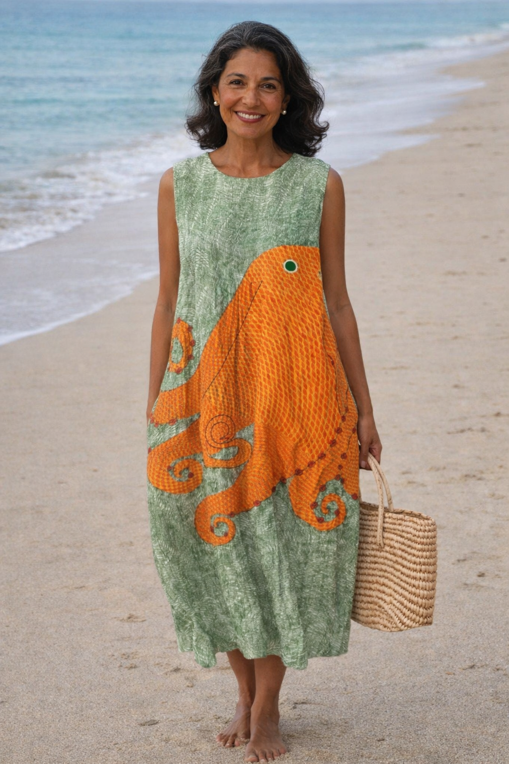 Octopus Print Sleeveless Midi Dress