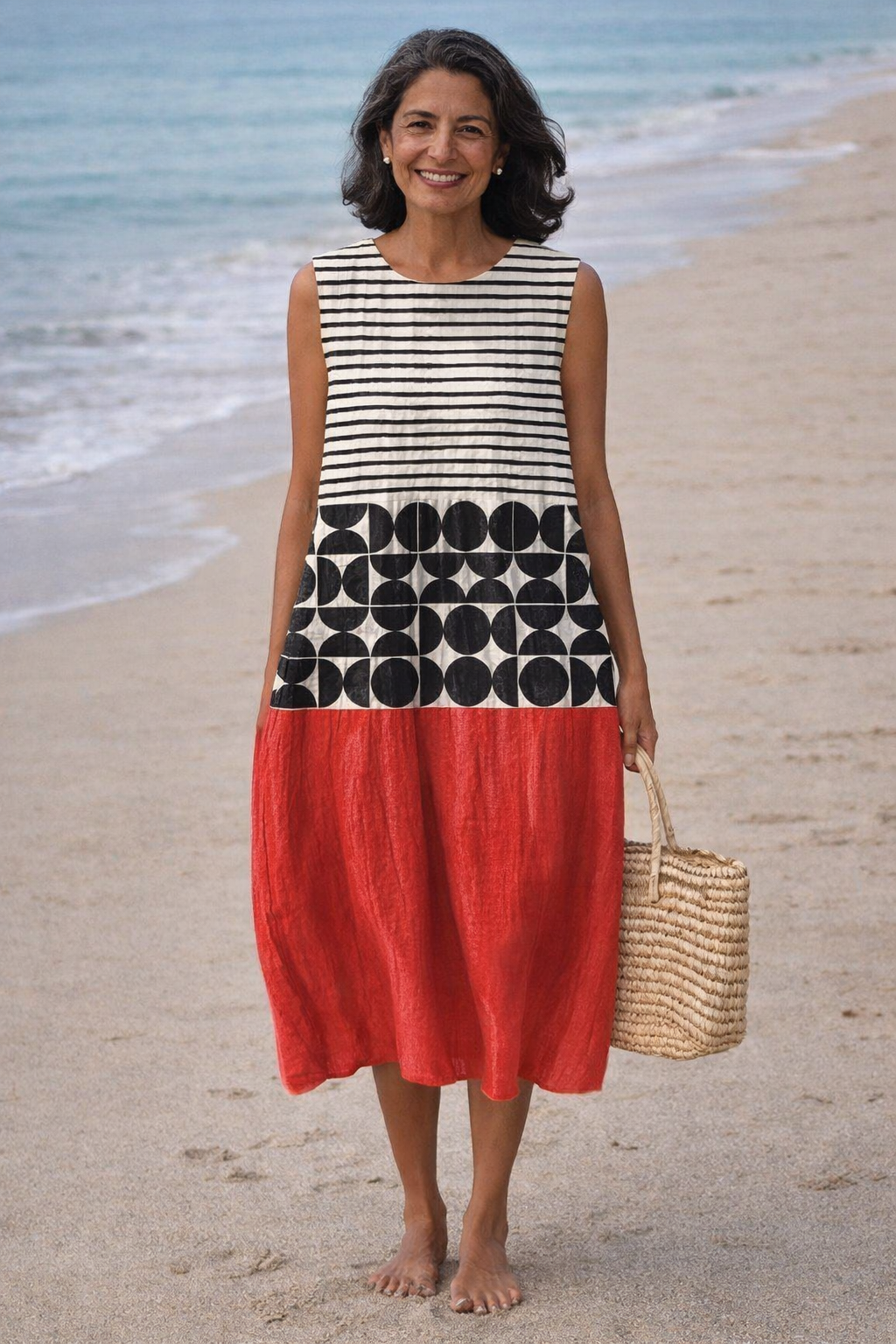 Geometric Colorblock Print Sleeveless Midi Dress
