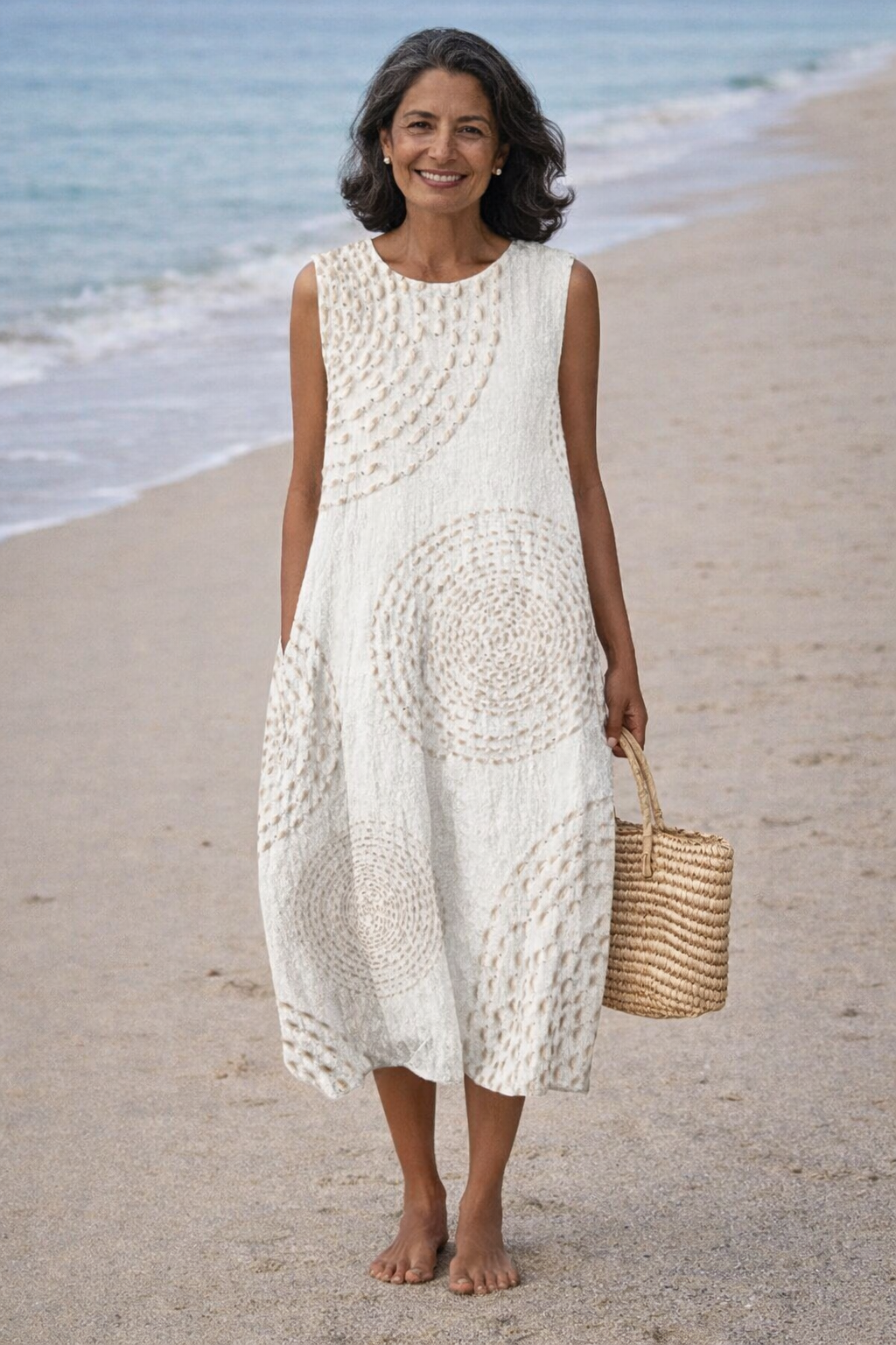 Round Neck Sleeveless Textured Circle Pattern Midi Dress