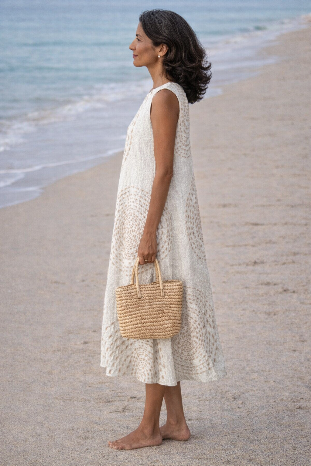 Round Neck Sleeveless Textured Circle Pattern Midi Dress