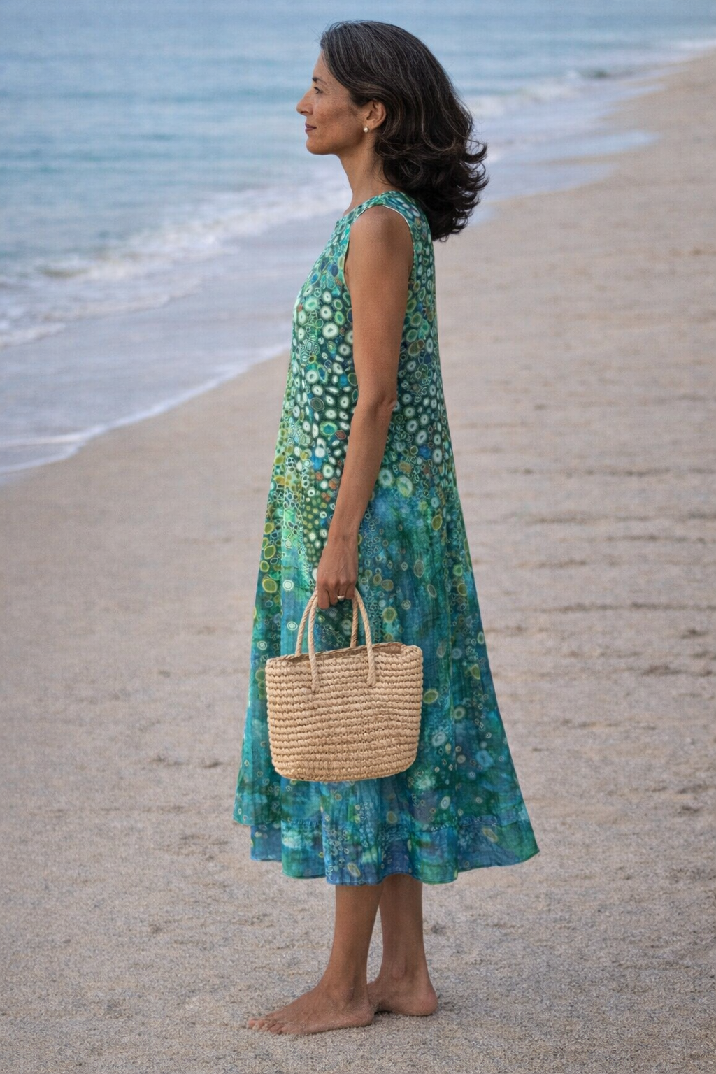 Round Neck Sleeveless Watercolor Print Cocoon Midi Dress