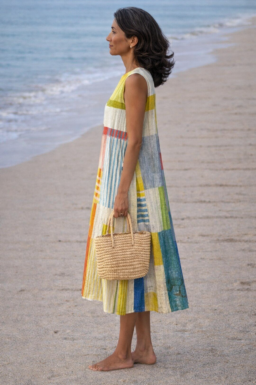 Colorblock Patchwork Sleeveless Cocoon Midi Dress