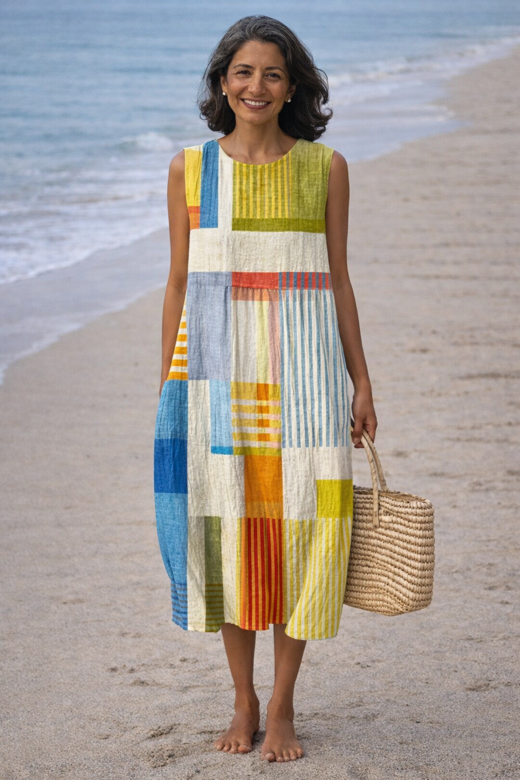 Colorblock Patchwork Sleeveless Cocoon Midi Dress