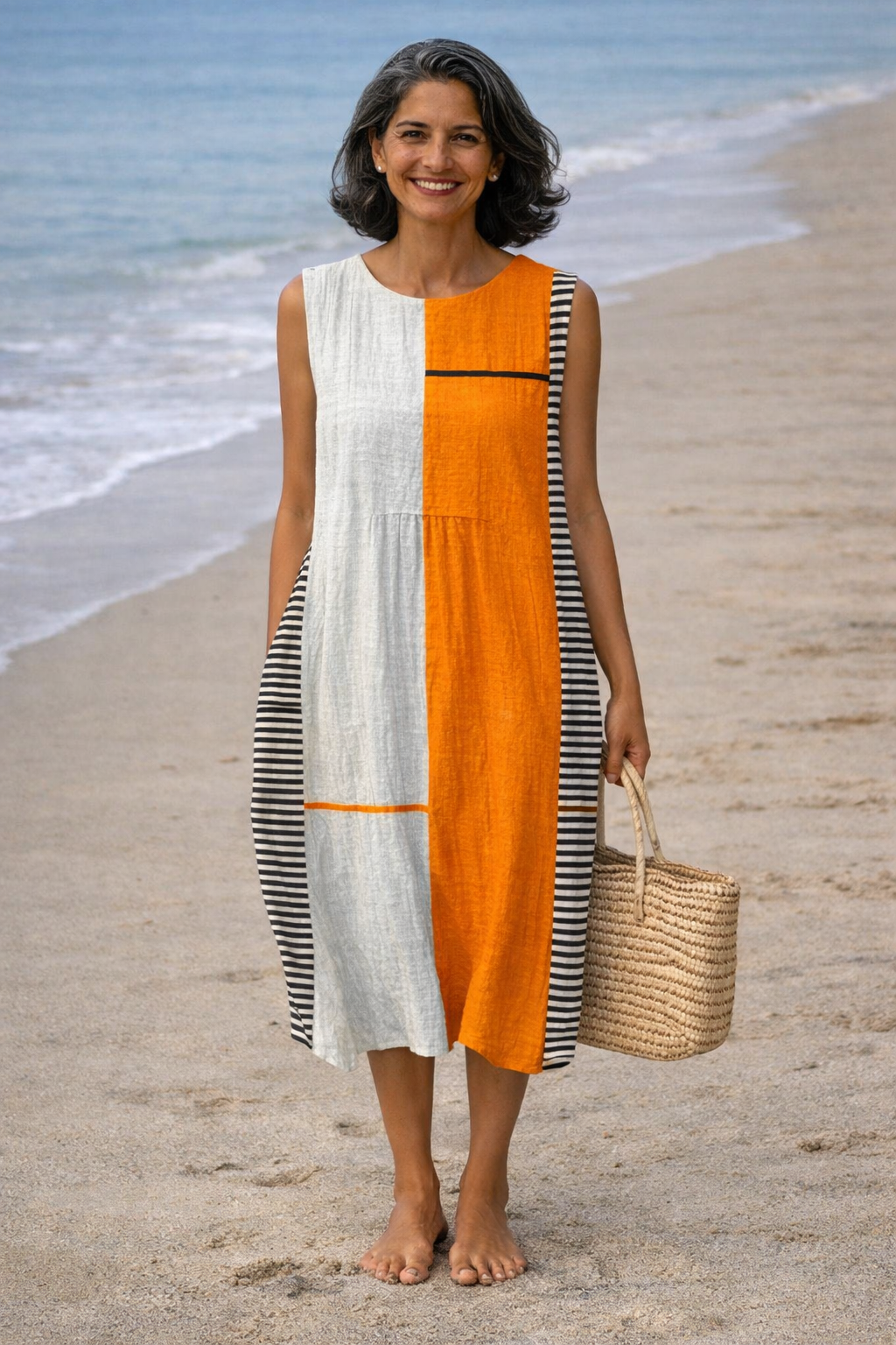 Sleeveless Colorblock Striped Panel Round Neck Midi Dress