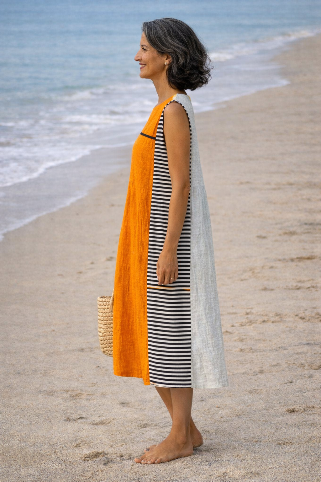 Sleeveless Colorblock Striped Panel Round Neck Midi Dress