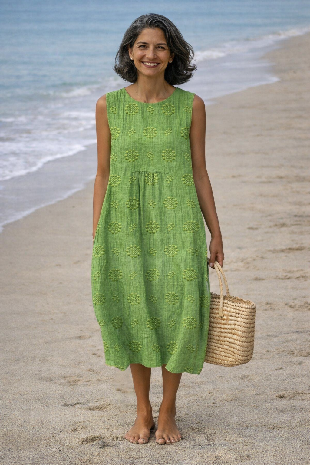 Crew Neck Sleeveless Textured Midi Dress