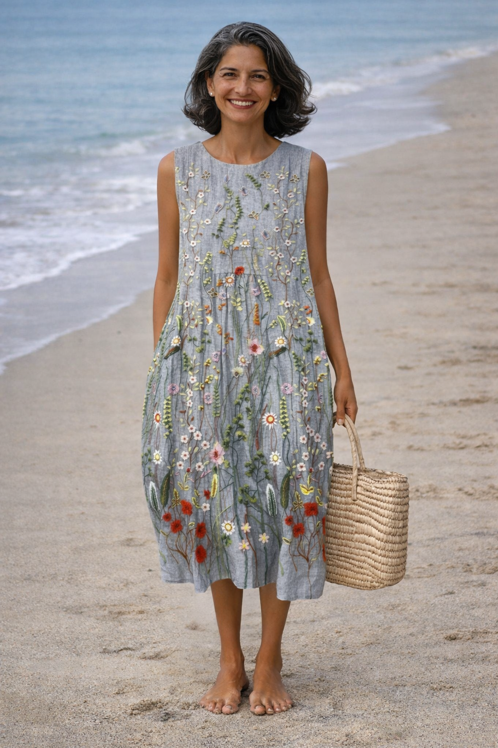 Round Neck Sleeveless Floral Embroidered Linen Midi Dress