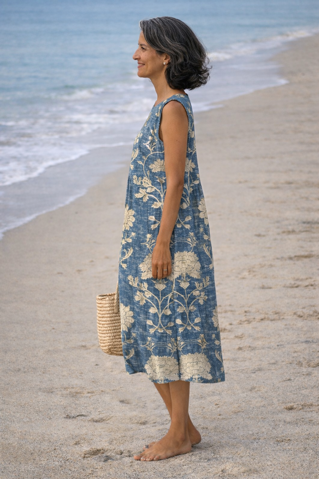 Floral Print Round Neck Sleeveless Midi Dress