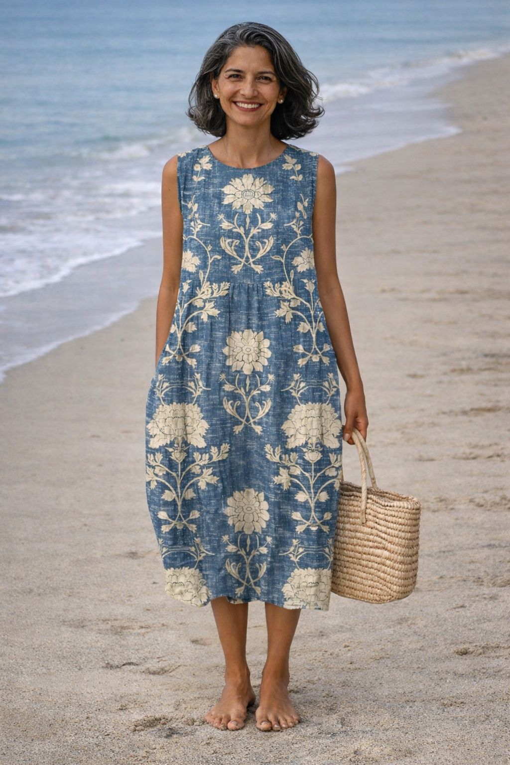 Floral Print Round Neck Sleeveless Midi Dress