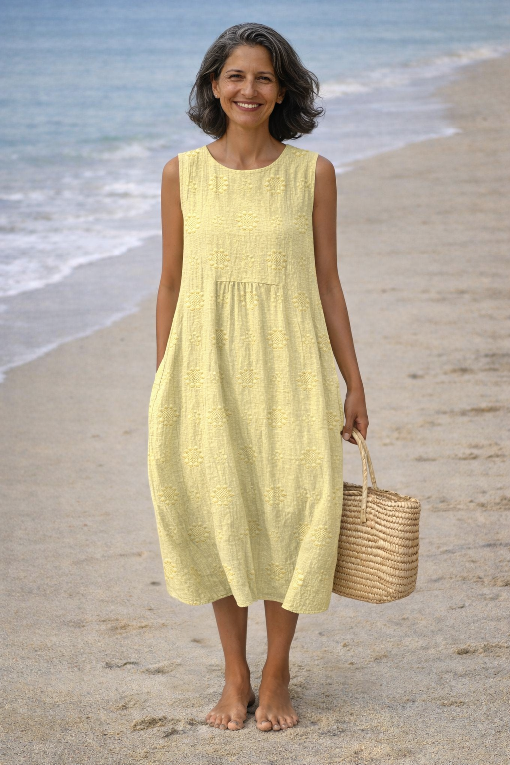 Crew Neck Sleeveless Textured Midi Dress