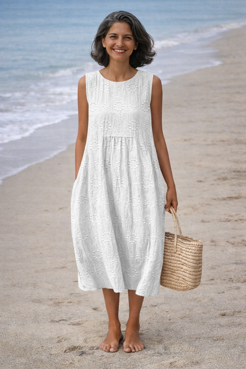 Crew Neck Sleeveless Textured Midi Dress