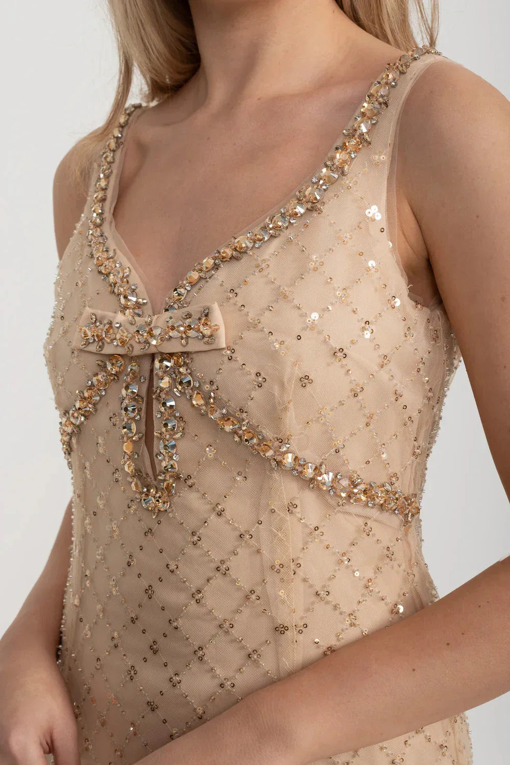 V-Neck Sleeveless Sequin Beaded Bow Keyhole Bodycon Mini Dress 8