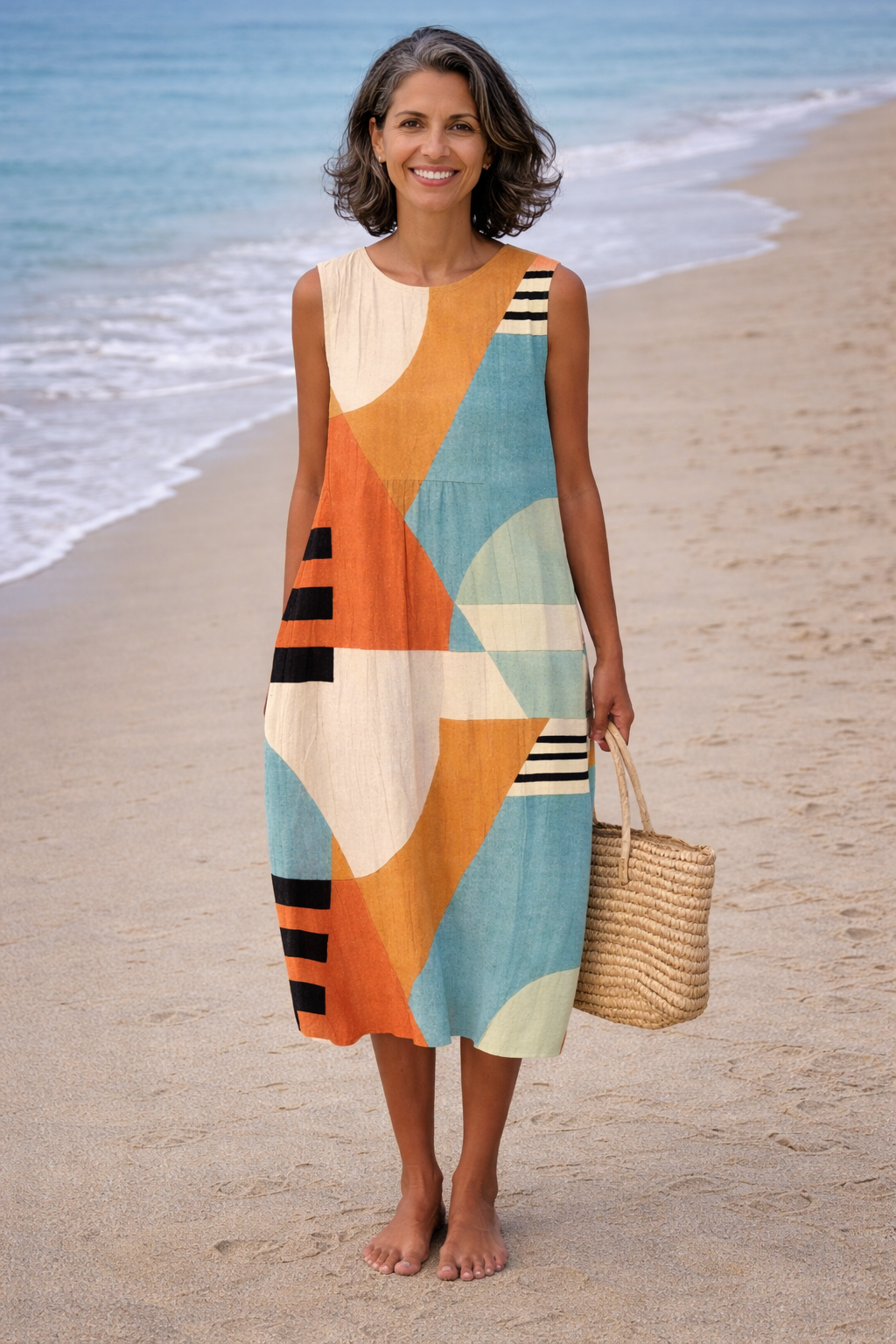 Geometric Print Round Neck Sleeveless Midi Dress