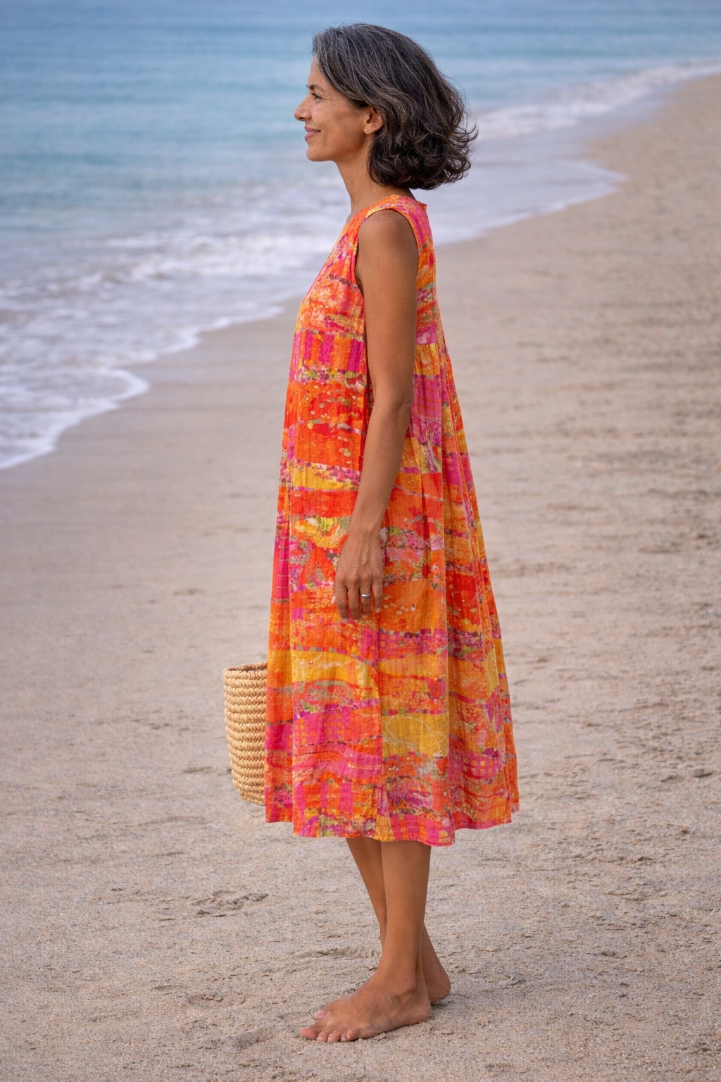 Abstract Print Sleeveless Round Neck Midi Dress