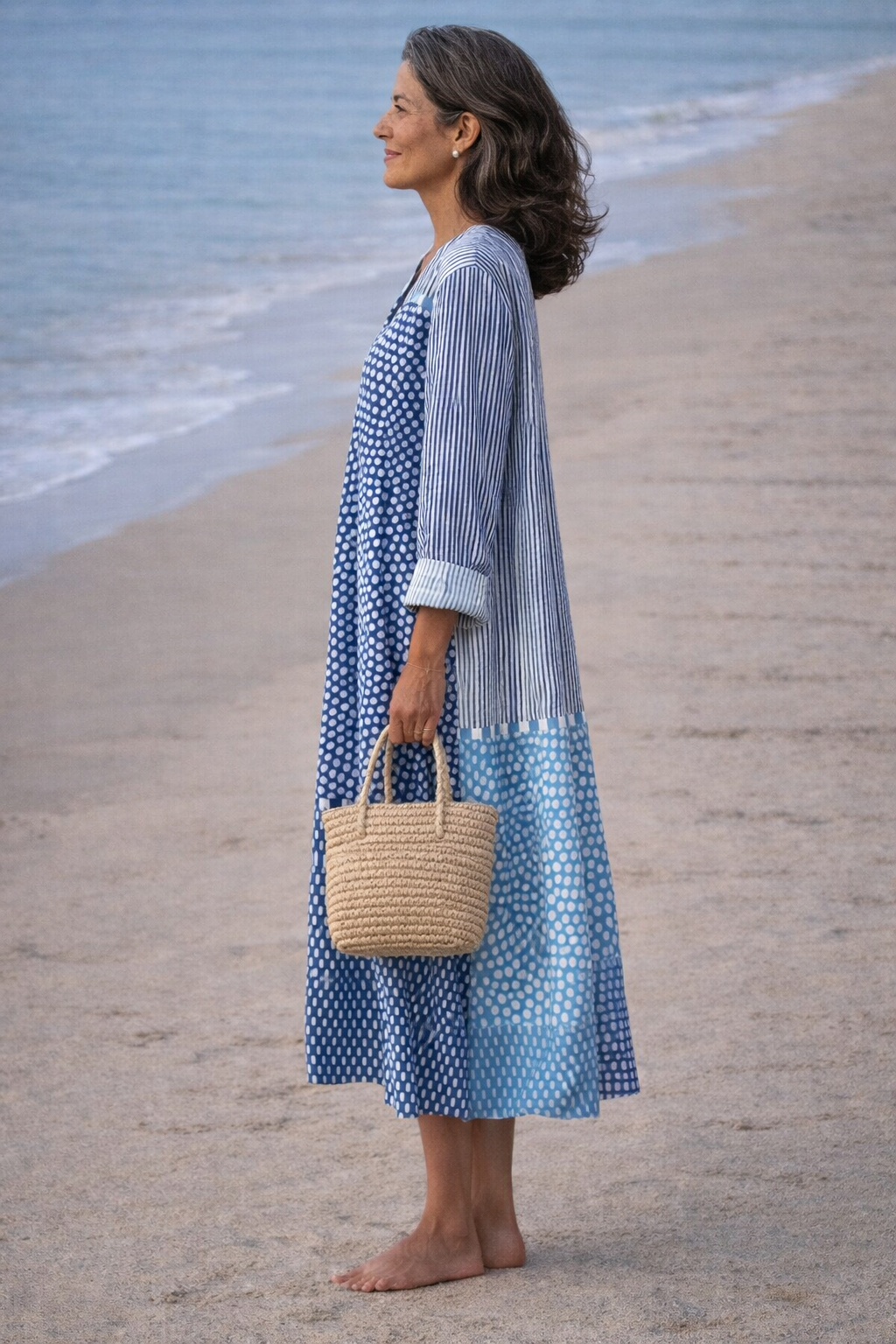 Patchwork Dot and Stripe V-Neck Long Sleeve Maxi Dress