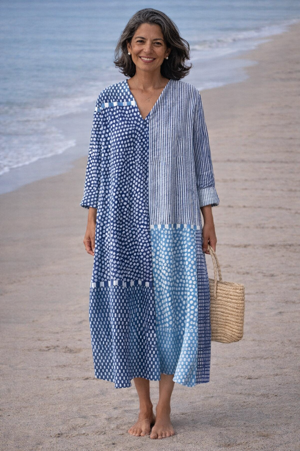 Patchwork Dot and Stripe V-Neck Long Sleeve Maxi Dress