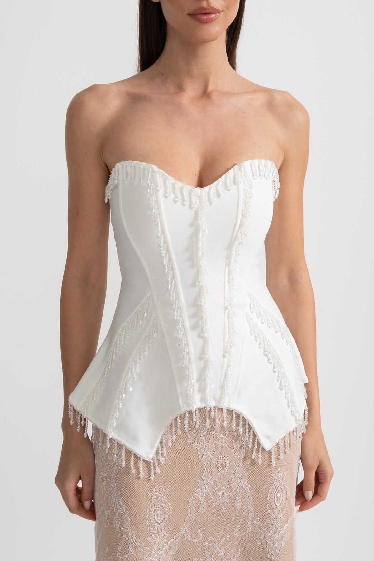 Strapless Beaded Fringe Peplum Corset Lace Maxi Dress 6