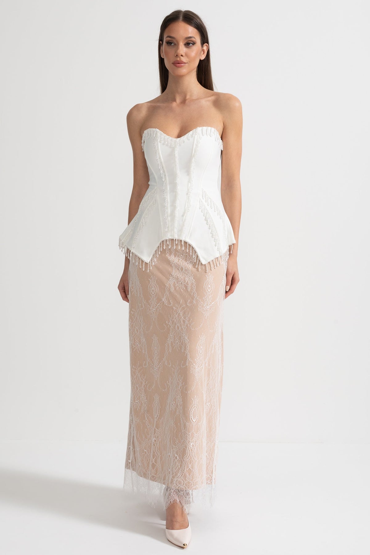 Strapless Beaded Fringe Peplum Corset Lace Maxi Dress 11