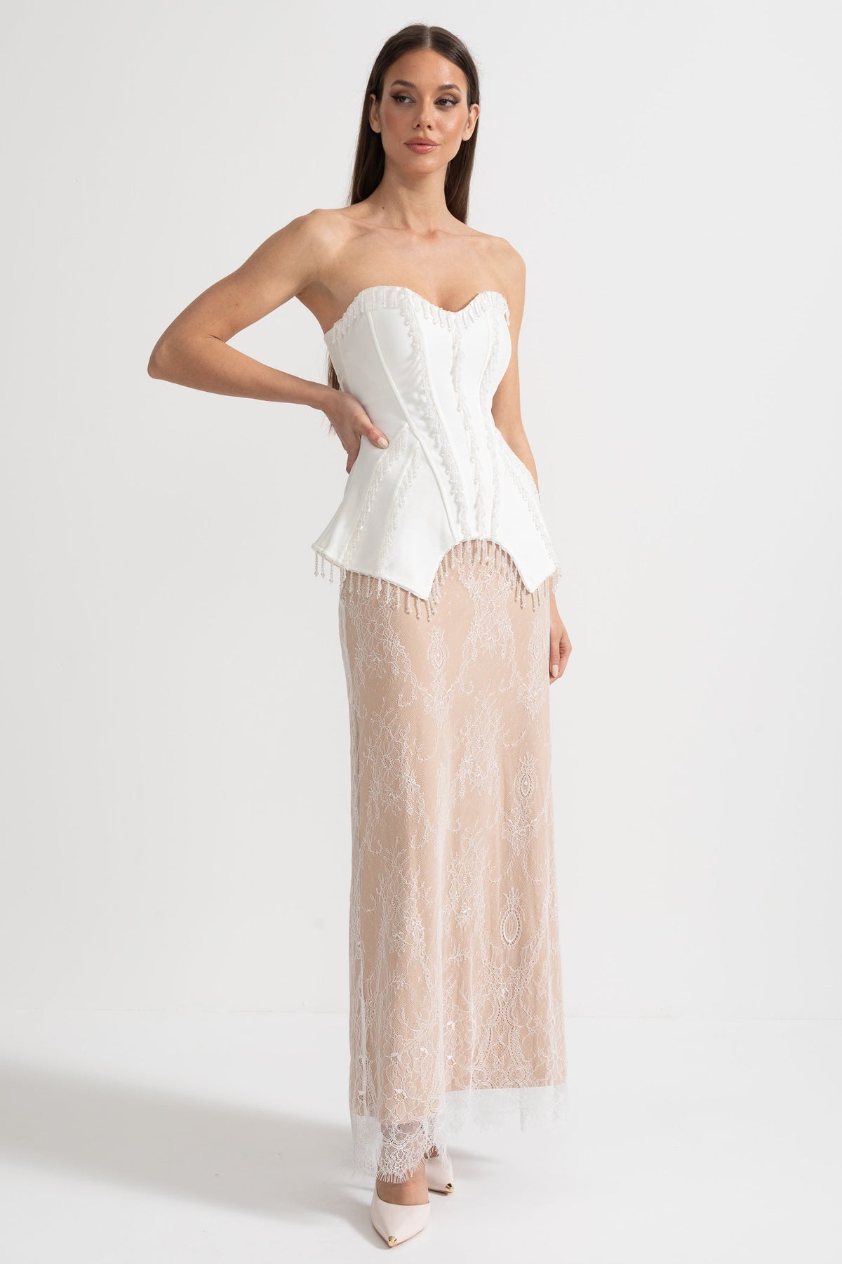 Strapless Beaded Fringe Peplum Corset Lace Maxi Dress 2