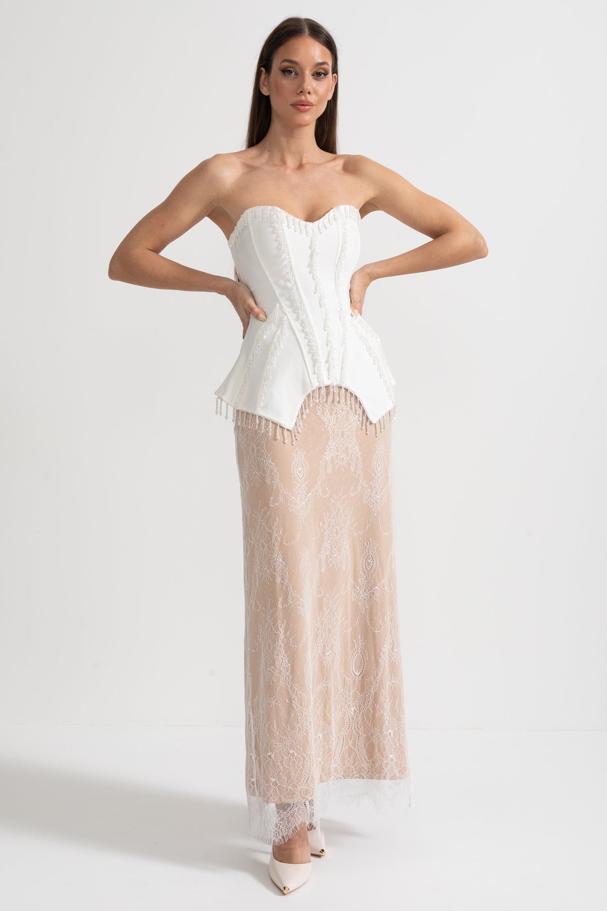 Strapless Beaded Fringe Peplum Corset Lace Maxi Dress 3
