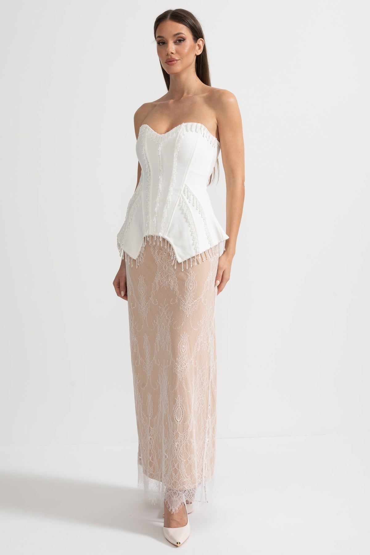 Strapless Beaded Fringe Peplum Corset Lace Maxi Dress 12