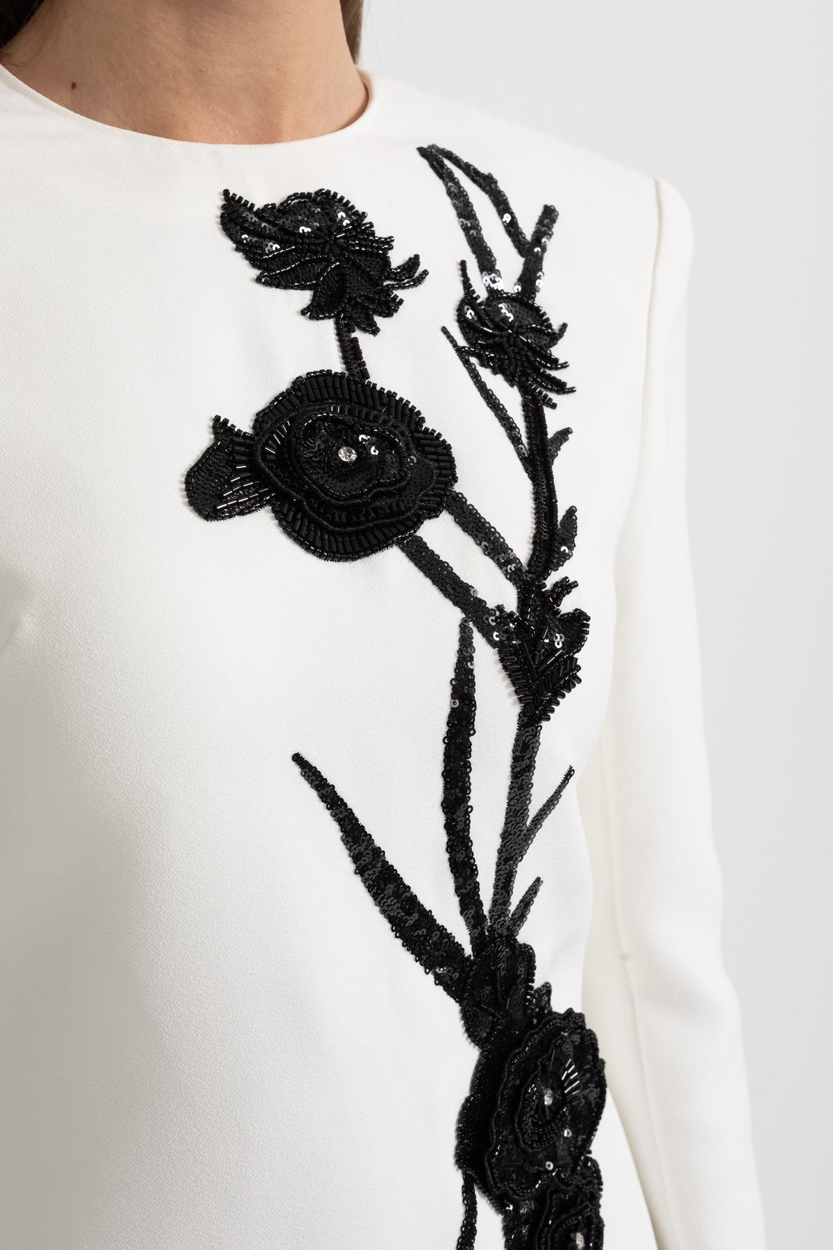 Round Neck Long Sleeve Beaded Floral Applique Structured Shoulder Mini Dress 6