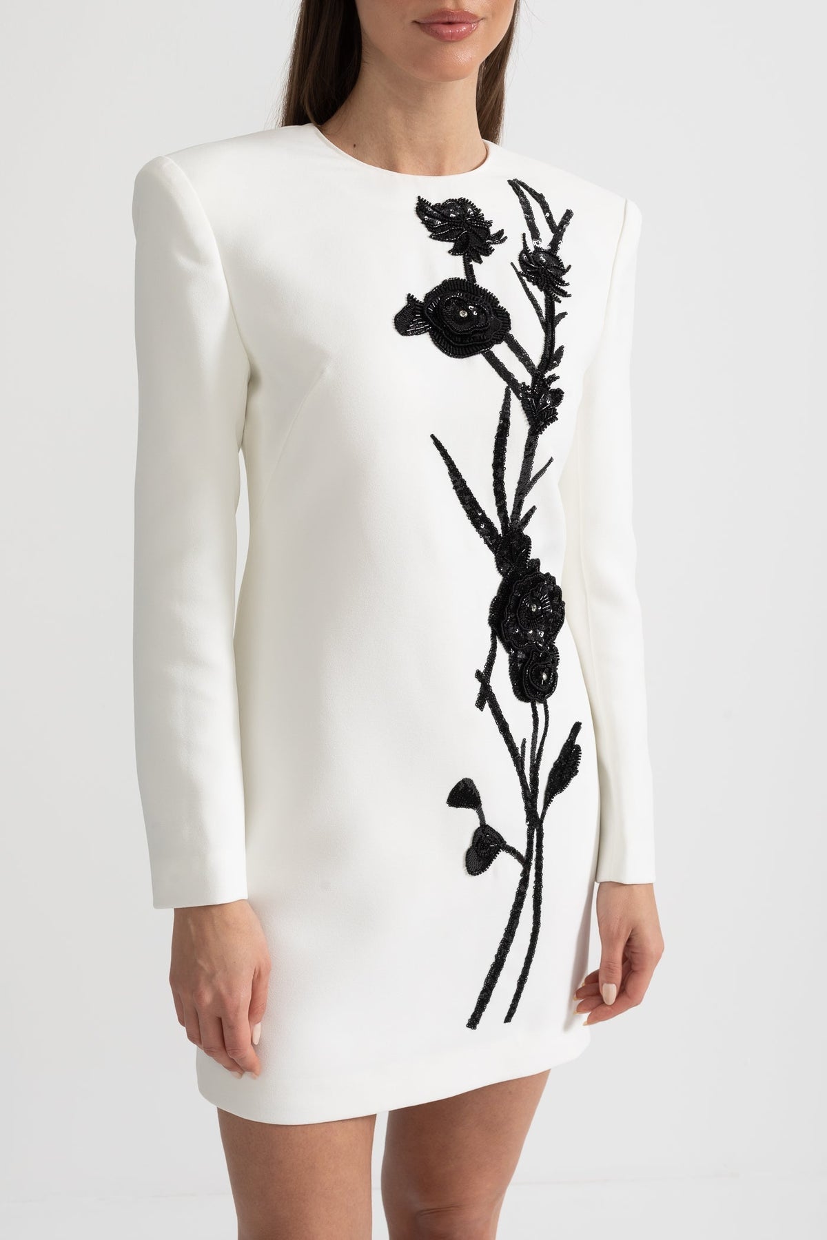 Round Neck Long Sleeve Beaded Floral Applique Structured Shoulder Mini Dress 8