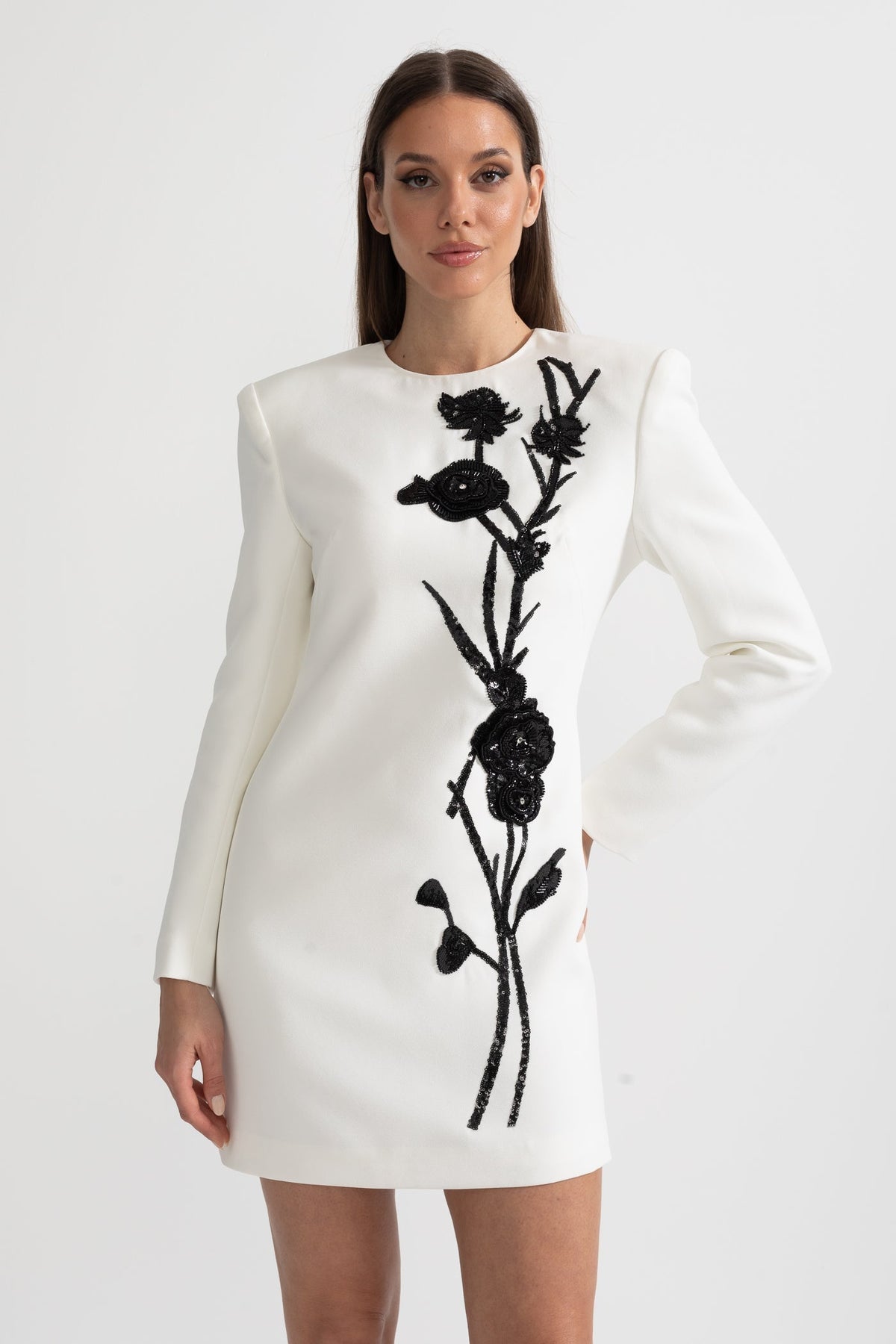 Round Neck Long Sleeve Beaded Floral Applique Structured Shoulder Mini Dress