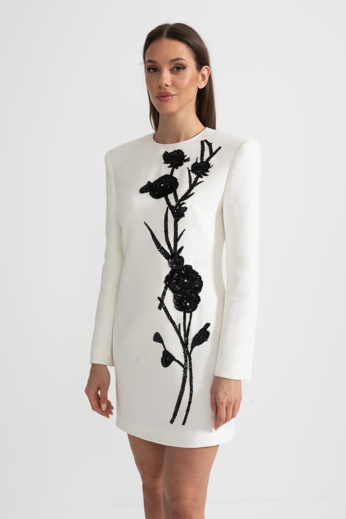 Round Neck Long Sleeve Beaded Floral Applique Structured Shoulder Mini Dress 10