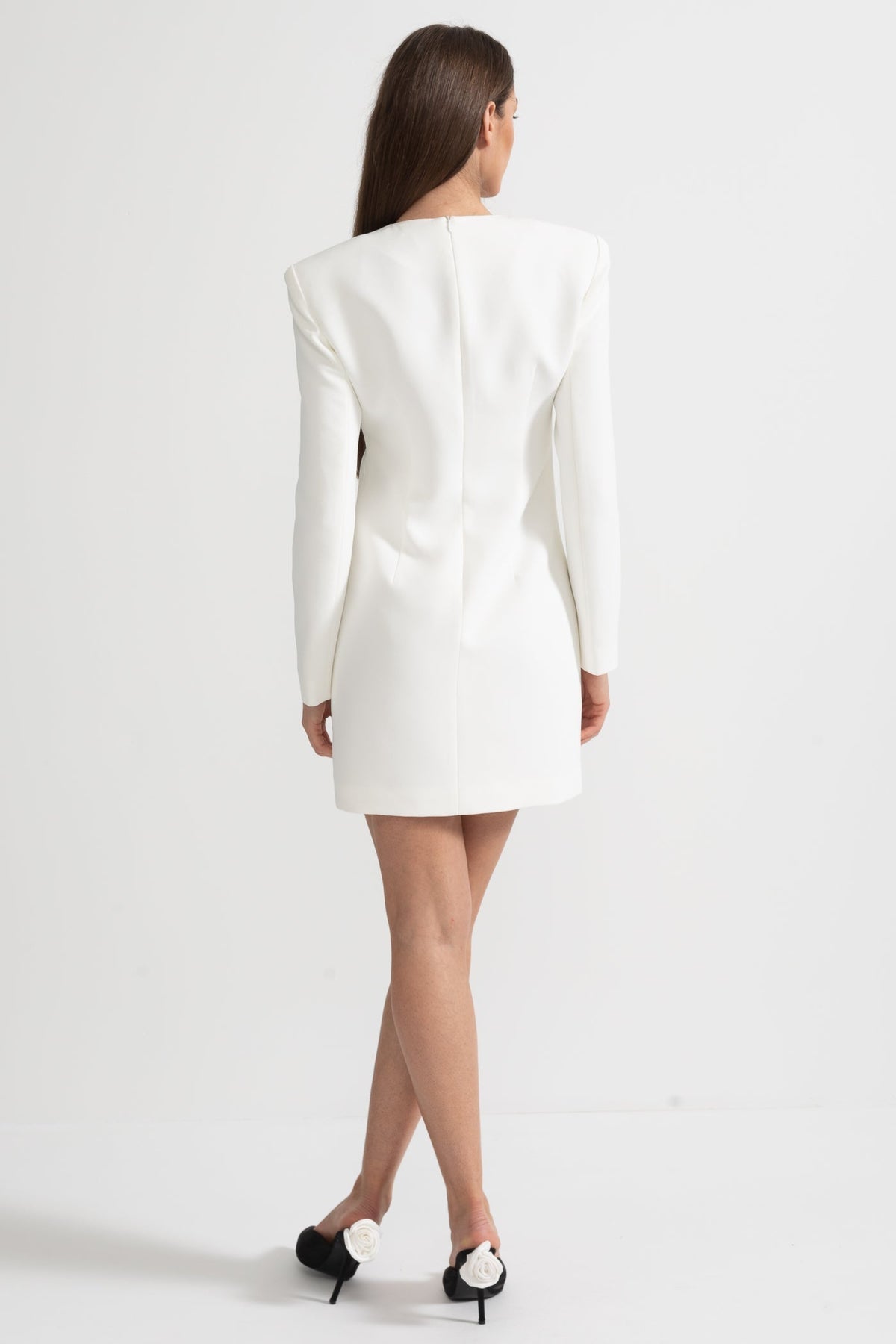 Round Neck Long Sleeve Beaded Floral Applique Structured Shoulder Mini Dress 14