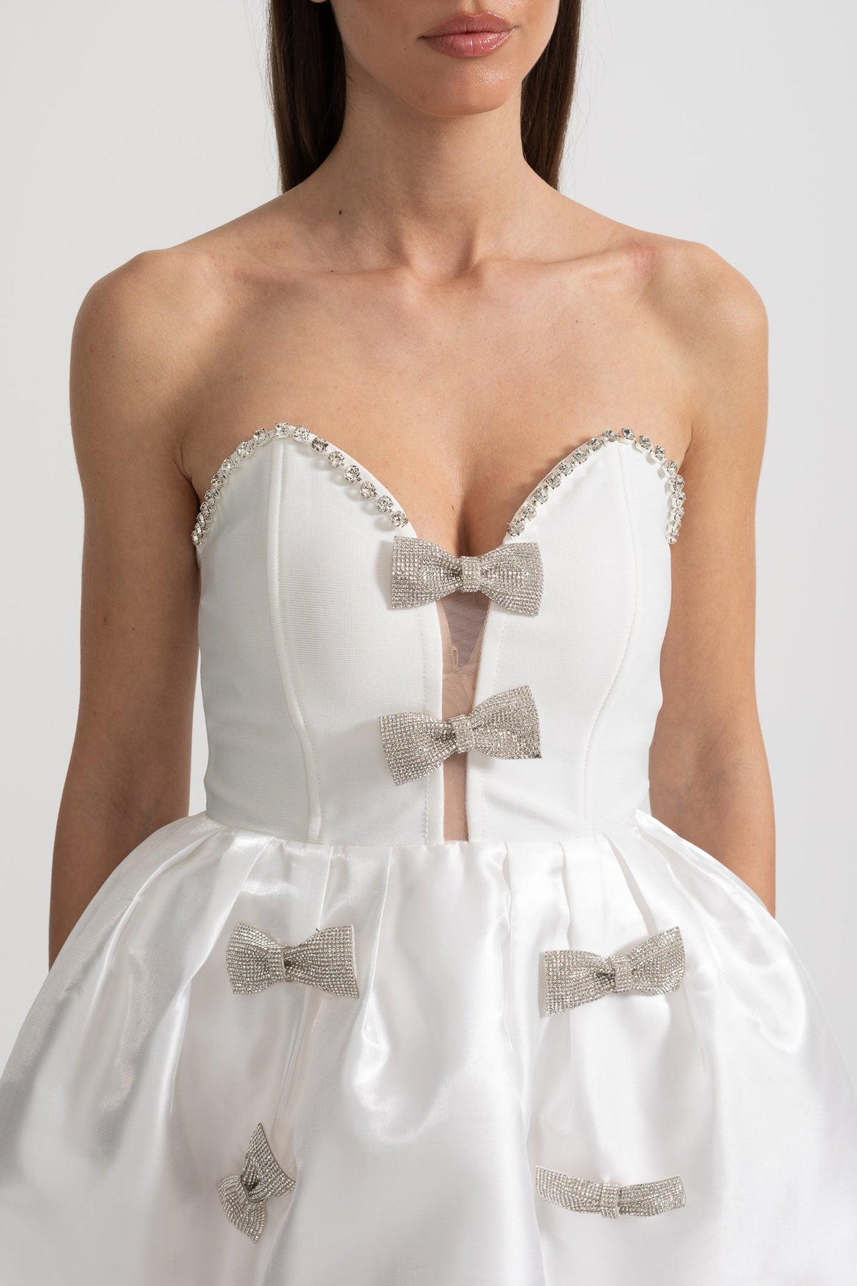Strapless Sweetheart Rhinestone Bow Corset Satin Flared Mini Dress 2