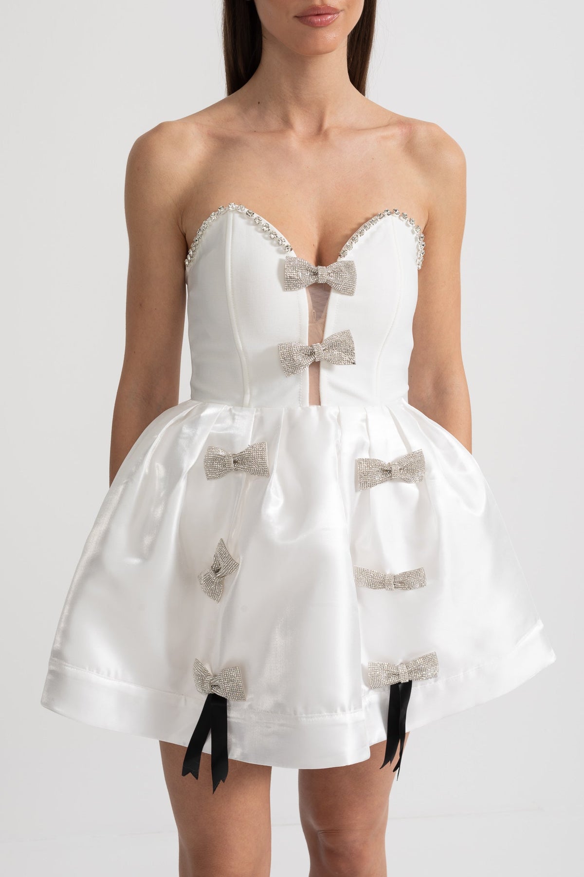 Strapless Sweetheart Rhinestone Bow Corset Satin Flared Mini Dress 3