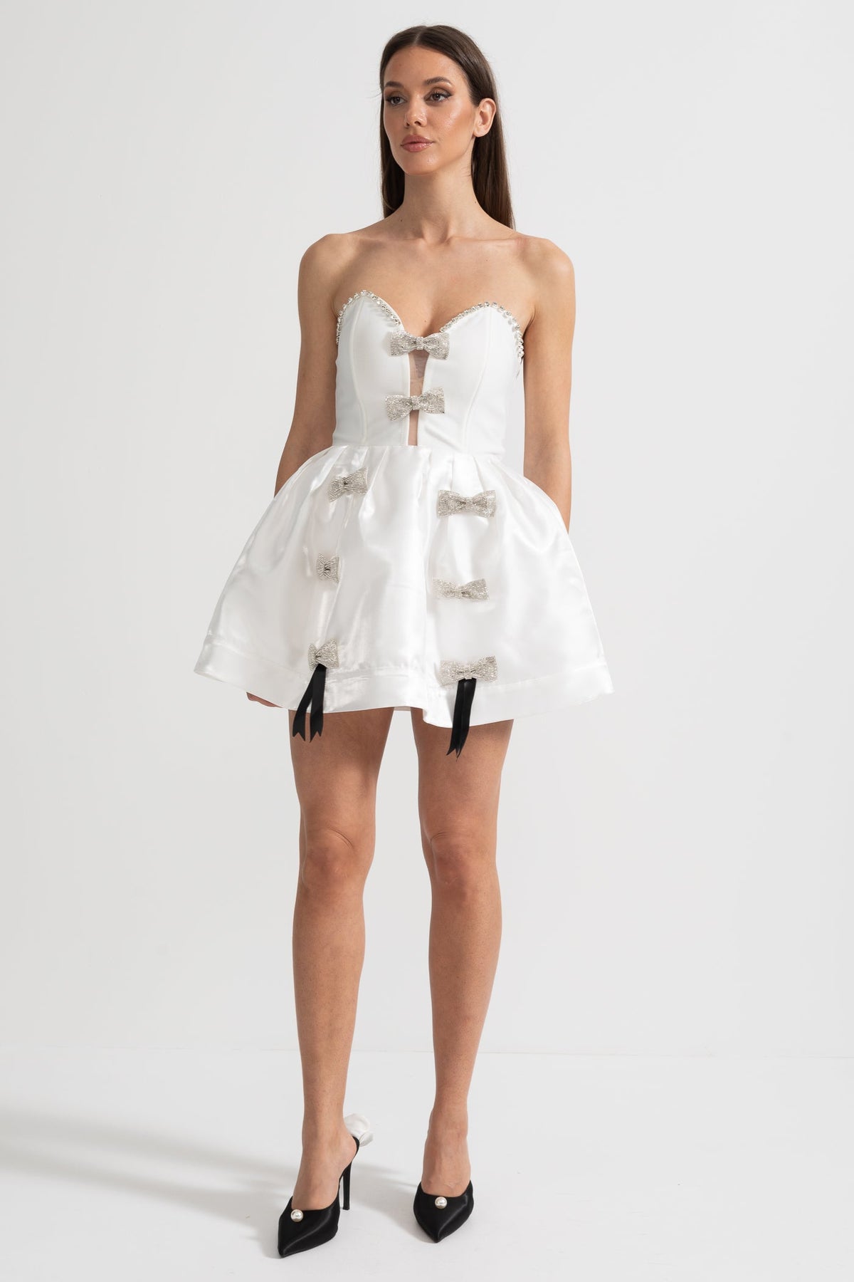 Strapless Sweetheart Rhinestone Bow Corset Satin Flared Mini Dress 7
